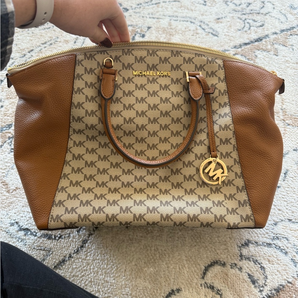 Michael Kors Brown and Tan Satchel with Monogram Print